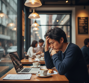 失業後、カフェで求人を探しながら再起を考える中高年男性